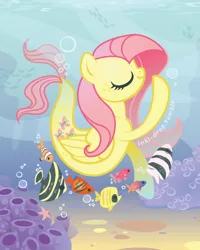 Size: 576x720 | Tagged: angelfish, artist:inki-drop, bubble, clownfish, coral, derpibooru import, eyes closed, fish, fluttershy, hilarious in hindsight, merpony, safe, seaponified, seapony fluttershy, smiling, species swap, tropical fish, underwater, watershy