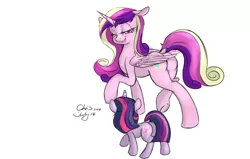 Size: 2200x1400 | Tagged: safe, artist:xcopyen002, derpibooru import, princess cadance, twilight sparkle, alicorn, pony, unicorn, butt, dock, duo, duo female, female, filly, filly twilight sparkle, foal, lovebutt, plot, signature, unicorn twilight, younger