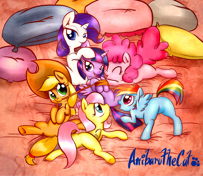 Size: 1182x1024 | Tagged: suggestive, artist:anibaruthecat, derpibooru import, edit, applejack, fluttershy, pinkie pie, rainbow dash, rarity, twilight sparkle, twilight sparkle (alicorn), alicorn, pony, :o, bed, bedroom eyes, cute, eyes closed, face down ass up, featureless crotch, female, filly, hug, lesbian, mane six, mare, mouth hold, on back, open mouth, pillow, plot, presenting, prone, rarilight, shipping, smiling, twidash, twijack, twinkie, twishy, underhoof