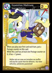 Size: 600x838 | Tagged: safe, derpibooru import, official, derpy hooves, pegasus, pony, bag, card, ccg, clothes, crystal games, enterplay, female, hat, letter, mailbag, mailbox, mailmare, mailpony, mare, muffin, necktie, solo, that one nameless background pony we all know and love