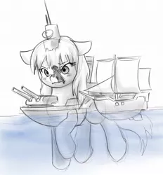 Size: 937x1009 | Tagged: safe, artist:alloyrabbit, derpibooru import, oc, oc:anon, ponified, unofficial characters only, boatpony, human, pony, angry, battleship ponies, destroyer, floppy ears, giant pony, gun, hijacking, ocean, pirate, pirate ship, size difference, swimming