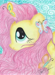 Size: 2512x3456 | Tagged: safe, artist:jackie00liza, derpibooru import, fluttershy, butterfly, alternate hairstyle, cute, smiling, solo, traditional art, wind