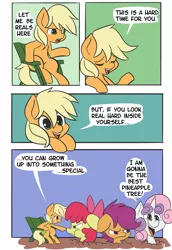 Size: 1925x2800 | Tagged: apple bloom, artist:fauxsquared, comic, cutie mark crusaders, derpibooru import, pearjack, pineapple, safe, scootaloo, sweetie belle, sweetiedumb, sweetie fail, wat