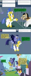 Size: 1088x2616 | Tagged: annoyed, artist:hakar-kerarmor, ask four inept guardponies, carrying, derpibooru import, mouth guard, oc, oc:arrowhead, oc:metal fang, oc:sunwise, royal guard, safe, smiling