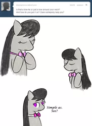 Size: 646x886 | Tagged: safe, artist:erthilo, derpibooru import, octavia melody, earth pony, pony, ask octavia, ask, bowtie, eyes closed, female, mare, no pupils, solo, tumblr