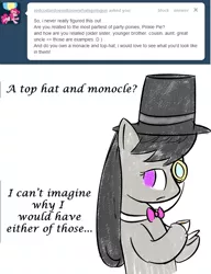 Size: 642x834 | Tagged: safe, artist:erthilo, derpibooru import, octavia melody, earth pony, pony, ask octavia, ask, cup, female, hat, mare, monocle, no pupils, solo, teacup, top hat, tumblr