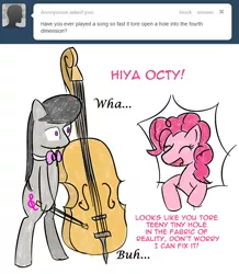 Size: 651x747 | Tagged: safe, artist:erthilo, derpibooru import, octavia melody, pinkie pie, earth pony, pony, ask octavia, ask, bipedal, cello, duo, duo female, female, mare, musical instrument, no pupils, tumblr