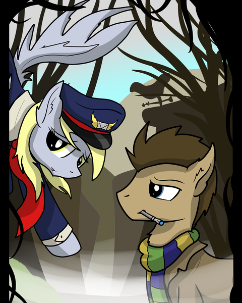 Size: 3200x4000 | Tagged: safe, artist:dazed-and-wandering, derpibooru import, derpy hooves, doctor whooves, time turner, pegasus, pony, cap, clothes, comic, doctor who, female, flying, hat, mailmare, mare, scarf, sonic screwdriver, title page, uniform, weather vane