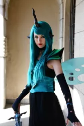 Size: 1504x2256 | Tagged: safe, artist:sewingintherain, derpibooru import, queen chrysalis, human, clothes, convention, cosplay, crystal fair con, dress, irl, irl human, photo, solo, sword