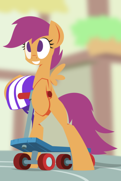 Size: 1280x1920 | Tagged: safe, artist:hoverrover, derpibooru import, scootaloo, pegasus, pony, blank flank, female, filly, foal, grin, helmet, hooves, lineless, scooter, smiling, solo, spread wings, standing, teeth, vector, wings