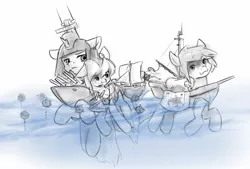 Size: 1236x838 | Tagged: safe, artist:alloyrabbit, derpibooru import, oc, oc:minelayer, ponified, unofficial characters only, boatpony, original species, pony, battleship, battleship ponies, destroyer, explosives, floppy ears, giant pony, minelayer, ocean, pirate ship, shipmare, swimming, unamused, wavy mouth