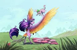 Size: 3045x1970 | Tagged: safe, artist:darkflame75, artist:earthsong9405, derpibooru import, spike, twilight sparkle, twilight sparkle (alicorn), alicorn, classical unicorn, pony, bipedal, collaboration, colored wings, colored wingtips, curved horn, cute, dock, eye contact, flying lesson, hilarious in hindsight, leonine tail, looking at each other, mama twilight, open mouth, pillow, rearing, smiling, spread wings, tail feathers, teaching, unshorn fetlocks, wide eyes, wing claws, winged spike