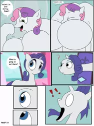 Size: 960x1280 | Tagged: suggestive, artist:furrymusclegrowthfan, derpibooru import, rarity, sweetie belle, anthro, biceps, breast expansion, breasts, comic, female, giant anthro, giantess, growth, huge, image, jpeg, macro, muscles, nudity, shock, spell, sweetie barbell