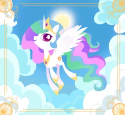 Size: 883x813 | Tagged: safe, artist:fooh bunny, artist:skadafrod, derpibooru import, princess celestia, alicorn, pony, cloud, cute, cutelestia, female, flying, mare, pixiv, profile, sky, solo, sun