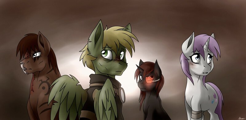 Size: 1600x779 | Tagged: artist:whitepone, derpibooru import, fallout, fallout equestria, fallout equestria: murky number seven, goggles, murkylight, oc, oc:brimstone blitz, oc:glimmerlight, oc:murky, oc:protege, safe, unofficial characters only