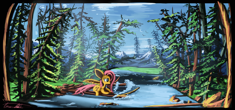 Size: 1280x602 | Tagged: artist:auroriia, derpibooru import, fluttershy, impossibly large ears, river, safe, scenery, solo