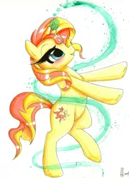 Size: 774x1072 | Tagged: safe, artist:prettypinkpony, derpibooru import, sunset shimmer, pony, unicorn, bipedal, magic, simple background, solo, traditional art