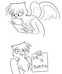 Size: 735x879 | Tagged: safe, artist:nohooves, derpibooru import, gilda, gryphon, dweeb, female, fourth wall, image, looking at you, monochrome, note, paper, pencil, png, reaction image, solo, tongue out