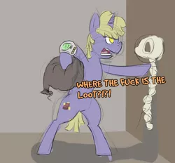 Size: 950x880 | Tagged: safe, artist:plain, derpibooru import, oc, unofficial characters only, pony, fallout equestria, angry, bag, bipedal, glare, open mouth, pointing, poking, skeleton, solo, vulgar