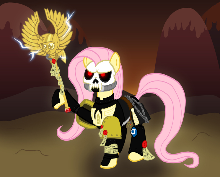 Size: 3080x2481 | Tagged: armor, artist:athos01, chaplain, crossover, crozius arcanum, derpibooru import, fluttershy, invulnerable save, power armor, powered exoskeleton, purity seal, rosarius, safe, skull, solo, space marine, twilight scepter, ultramarine, warhammer 40k, warhammer (game)