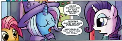 Size: 1816x623 | Tagged: artist:agnesgarbowska, babs seed, comic, derpibooru import, eyes closed, idw, miss direction, open mouth, peppers ghost, rarity, safe, speech bubble, spoiler:comic, trixie