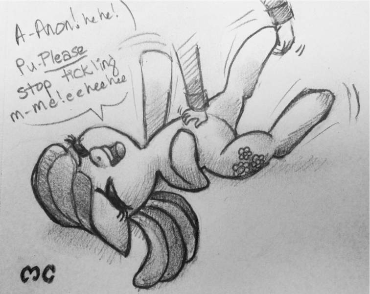 Size: 1083x860 | Tagged: anon in equestria, artist:mcponyponypony, cheerilee, laughing, no tail, oc, oc:anon, safe, tickling, traditional art