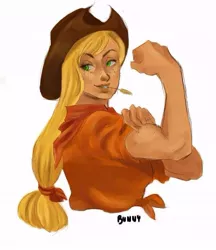 Size: 549x635 | Tagged: applejack, artist:bunny, derpibooru import, human, humanized, muscles, parody, rosie the riveter, safe, simple background, solo