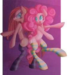 Size: 1385x1500 | Tagged: safe, artist:falleninthedark, derpibooru import, pinkie pie, pony, bipedal, butt bump, butt to butt, butt touch, clothes, pinkamena diane pie, self ponidox, socks, striped socks