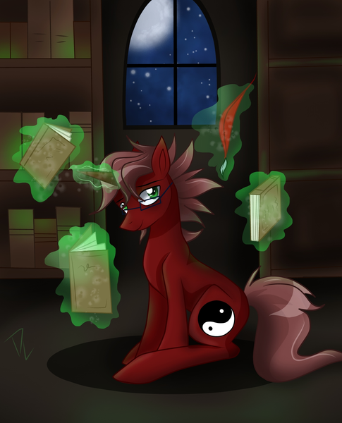 Size: 1238x1530 | Tagged: safe, artist:derpsonhooves, derpibooru import, oc, oc:sojourner, unofficial characters only, pony, unicorn, book, brown hair, cutie mark, feather, fur, glasses, green eyes, horn, library, male, night, red fur, smiling, solo, taijitu, yin yang, yin-yang