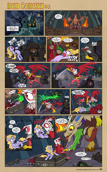 Size: 1248x1996 | Tagged: semi-grimdark, artist:sorcerushorserus, derpibooru import, discord, oc, oc:red sorena, draconequus, earth pony, gryphon, pony, unicorn, bondage, chains, comic, cult, death, female, fight, male, mare, on back, parody, red sonja, stallion, sword, tied up, tongue out, unsexy bondage, virgin sacrifice, weapon