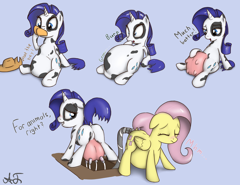 Size: 5118x3937 | Tagged: questionable, semi-grimdark, artist:augustbebel, derpibooru import, applejack, fluttershy, rarity, cow, cow pony, pegasus, unicorn, anal foodplay, anal insertion, bedroom eyes, belly, blushing, burp, digestion, dock, enema, eyes closed, fat, fat fetish, featureless crotch, female, fetish, floppy ears, frown, implied death, inflation, insertion, lactation, lip bite, looking back, mare, milk, milk inflation, milking, milking machine, open mouth, plot, raised tail, raricow, raripred, sitting, smiling, species swap, stomach noise, transformation, udder, vaginal insertion, vore, wat, wide eyes