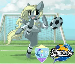 Size: 935x804 | Tagged: safe, derpibooru import, derpy hooves, pony, /mlp/, 4chan, 4chan cup, bipedal, clothes, featureless crotch, football, goalie, kicking, leg warmers, open mouth, patch, safest hooves, smiling, solo, underhoof
