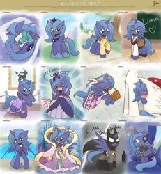 Size: 3366x3638 | Tagged: safe, artist:howxu, derpibooru import, princess celestia, princess luna, oc, oc:fausticorn, pony, umbreon, gamer luna, batman, bipedal, chang'e, chinese mythology, chinese text, clothes, controller, costume, cute, dc comics, dress, fangs, filly, headset, hoodie, howxu is trying to murder us, i am the night, lunabetes, meme, mythology, one-piece swimsuit, pokémon, s1 luna, school uniform, swimming pool, swimsuit, traditional royal canterlot voice, wardrobe meme, weapons-grade cute, woona, xd