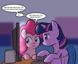 Size: 1000x815 | Tagged: safe, artist:empyu, derpibooru import, pinkie pie, twilight sparkle, twilight sparkle (alicorn), alicorn, earth pony, pony, 30 minute art challenge, computer, duo, speech bubble, the sims