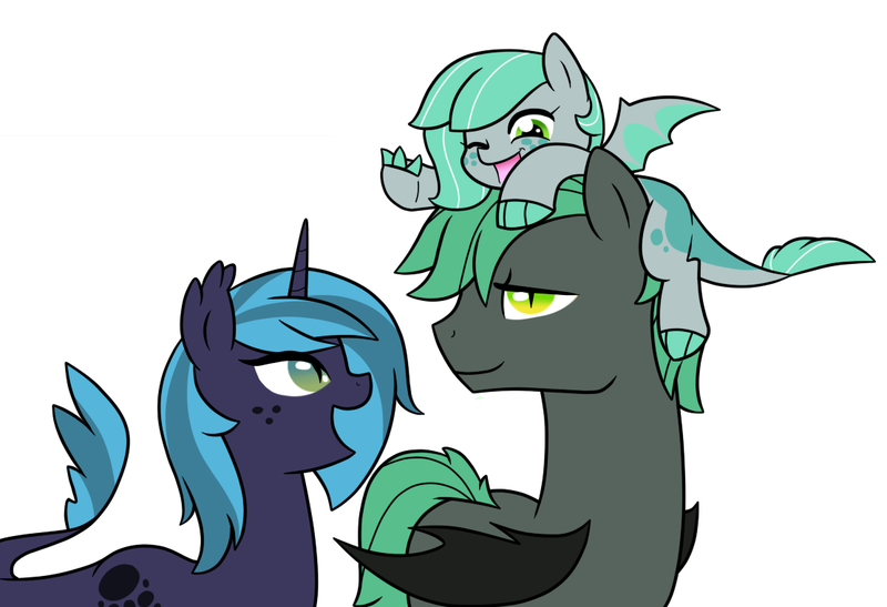 Size: 1113x761 | Tagged: safe, artist:starrynight32, derpibooru import, oc, oc:anastasia, oc:aquamarine, oc:peridot flame, unofficial characters only, dracony, pony, brother and sister, female, freckles, happy, male, mare, offspring, offspring's offspring, open mouth, parent:oc:princess nidra, parent:oc:turquoise blitz, parents:oc x oc, pony hat, siblings, simple background, sisters, smiling, stallion, white background, wink