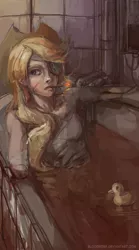 Size: 1100x1980 | Tagged: amputee, applejack, artist:bloodrizer, bandage, bath, blood, bloodbath, breasts, cigarette, derpibooru import, eyepatch, grimdark, human, humanized, intravenous, rubber duck, severed limb, smoking, tub