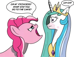 Size: 3249x2528 | Tagged: andrea libman, angry, artist:saburodaimando, cake, cakelestia, caught, derpibooru import, pinkie pie, princess celestia, safe, this will end in tears