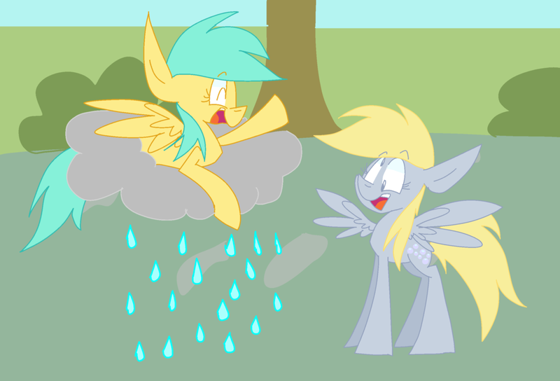 Size: 1024x696 | Tagged: safe, artist:dizzee-toaster, derpibooru import, derpy hooves, sunshower raindrops, pegasus, pony, cloud, female, mare, rain