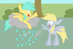 Size: 1024x696 | Tagged: safe, artist:dizzee-toaster, derpibooru import, derpy hooves, sunshower raindrops, pegasus, pony, cloud, female, mare, rain