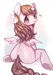 Size: 700x990 | Tagged: anatomically incorrect, artist:nitronic, derpibooru import, flower in hair, incorrect leg anatomy, looking back, oc, pixiv, plot, safe, sitting, solo, underhoof, unofficial characters only