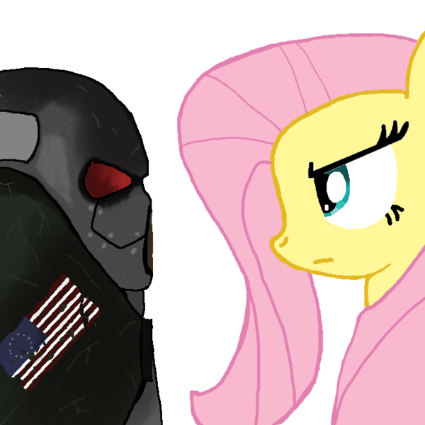 Size: 700x700 | Tagged: artist:wolfabio, crossover, fallout, fallout 2, fluttershy, frank horrigan, safe, staring contest