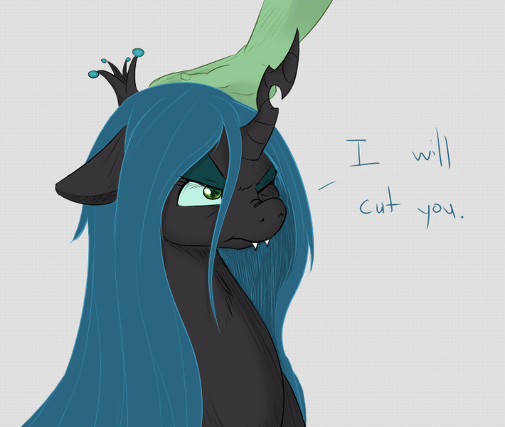 Size: 750x634 | Tagged: artist:adequality, artist:jalm, colored, cute, cutealis, derpibooru import, hand, oc, oc:anon, petting, queen chrysalis, safe, scrunchy face