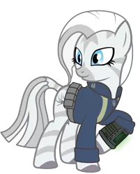 Size: 2845x3545 | Tagged: clothes, cyborg, derpibooru import, fallout equestria, fallout equestria: influx, fanfic, fanfic art, oc, oc:crystal eclair, pip-boy, safe, simple background, solo, terminator, transparent background, unofficial characters only, vault suit, zebra, zebra oc