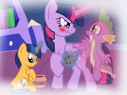 Size: 1024x768 | Tagged: safe, artist:biosonic100, derpibooru import, spike, twilight sparkle, twilight sparkle (alicorn), oc, oc:event horizon, alicorn, pony, blushing, cookie, female, frown, grin, magic, mama twilight, mare, nervous, offspring, parent:flash sentry, parent:twilight sparkle, parents:flashlight, raised hoof, smiling, telekinesis