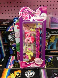 Size: 2448x3264 | Tagged: safe, derpibooru import, fluttershy, pinkie pie, eraser, merchandise, my little pony logo, pencil, toys r us