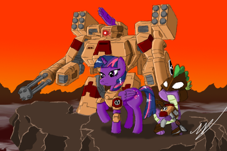 Size: 750x500 | Tagged: safe, artist:zatgeneral, derpibooru import, spike, twilight sparkle, twilight sparkle (alicorn), alicorn, pony, tau, battle suit, crossover, female, fire warrior, kroot, mare, tau empire, warhammer (game), warhammer 40k, xv8 crisis battlesuit