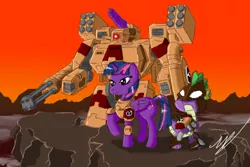 Size: 750x500 | Tagged: safe, artist:zatgeneral, derpibooru import, spike, twilight sparkle, twilight sparkle (alicorn), alicorn, pony, tau, battle suit, crossover, female, fire warrior, kroot, mare, tau empire, warhammer (game), warhammer 40k, xv8 crisis battlesuit