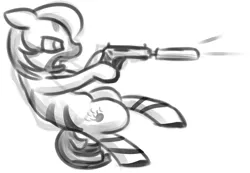 Size: 650x450 | Tagged: artist:plain, derpibooru import, fallout equestria, fallout equestria: influx, gun, monochrome, oc, oc:crystal eclair, safe, solo, unofficial characters only, zebra