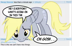 Size: 644x417 | Tagged: safe, derpibooru import, derpy hooves, pegasus, pony, derpibooru, breaking the fourth wall, cheezedoodle, female, fourth wall, mare, meta, reaction image, solo, speech bubble, vector, what's going on in this thread