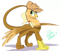 Size: 1697x1422 | Tagged: safe, artist:farewelldecency, deleted from derpibooru, derpibooru import, applejack, gryphon, cowboy hat, griffonized, hat, looking up, my little griffon, signature, simple background, smiling, solo, species swap, spread wings, stetson, white background